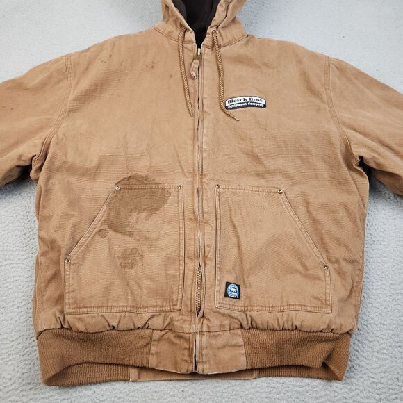 VTG Canvas Jacket Men's XLT Hooded Duck Brown Quilt Lined Workwear Logo THRASHED - Picture 8 of 16